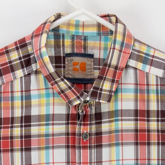 Boss Orange Plaid Men's Medium Button Up Short Sleeve Red White Brown Logo - Picture 2 of 12